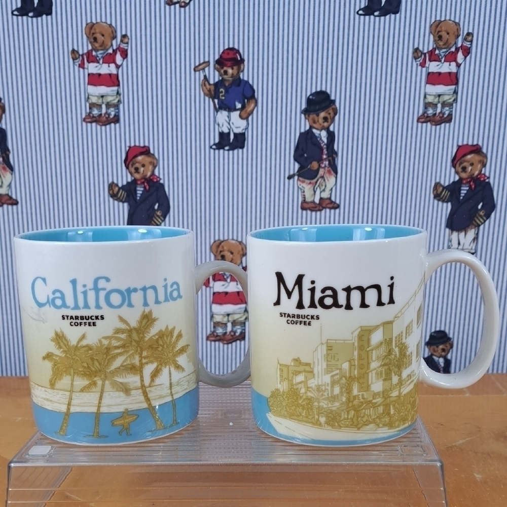 Set of 2 Starbucks collectors series 16oz coffee mugs California 2011 Miami 2012